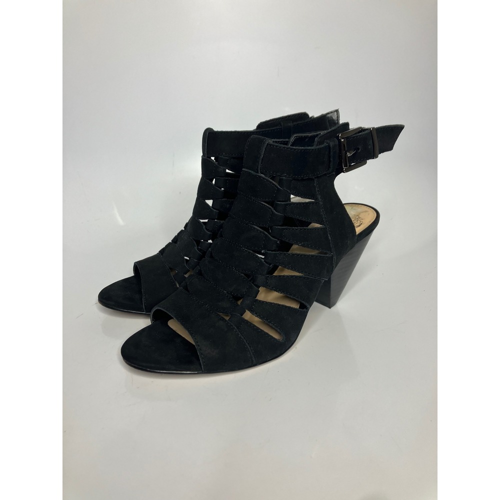 Vince Camuto Cage Sandals Womens 6.5 Black Good Suede Block Heel Cutout Buckle